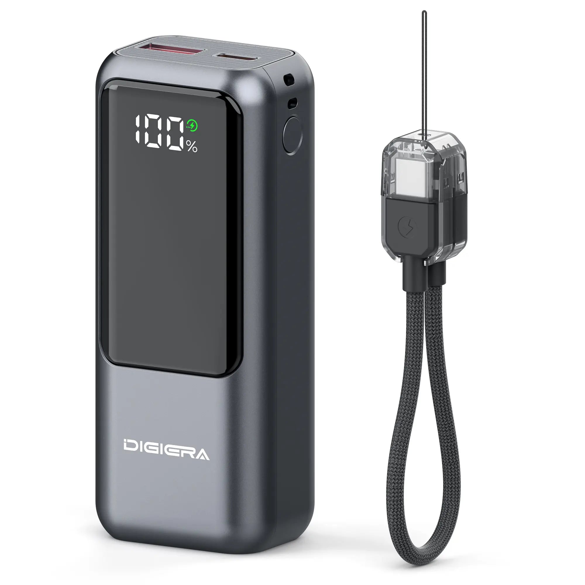 Digiera 10000Mah Power Bank with Built-In Charging Cable Lanyard, 20W PD Fast Charging,Dual-Direction USB-C Cable, LED Battery Display, Compact & Travel-Friendly