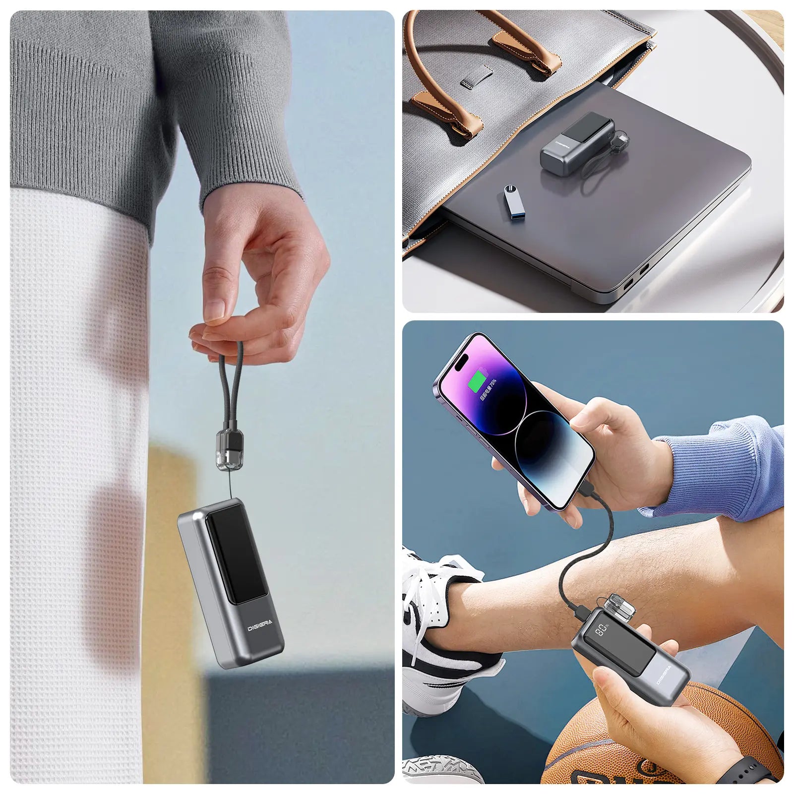 Digiera 10000Mah Power Bank with Built-In Charging Cable Lanyard, 20W PD Fast Charging,Dual-Direction USB-C Cable, LED Battery Display, Compact & Travel-Friendly