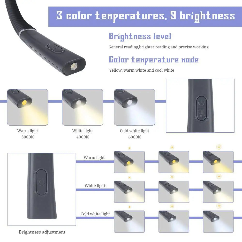 LED Neck Reading Light Flexible Book Lamp 3 Colors Brightness Adjustable Rechargeable for Reading Knitting Repairing Lighting