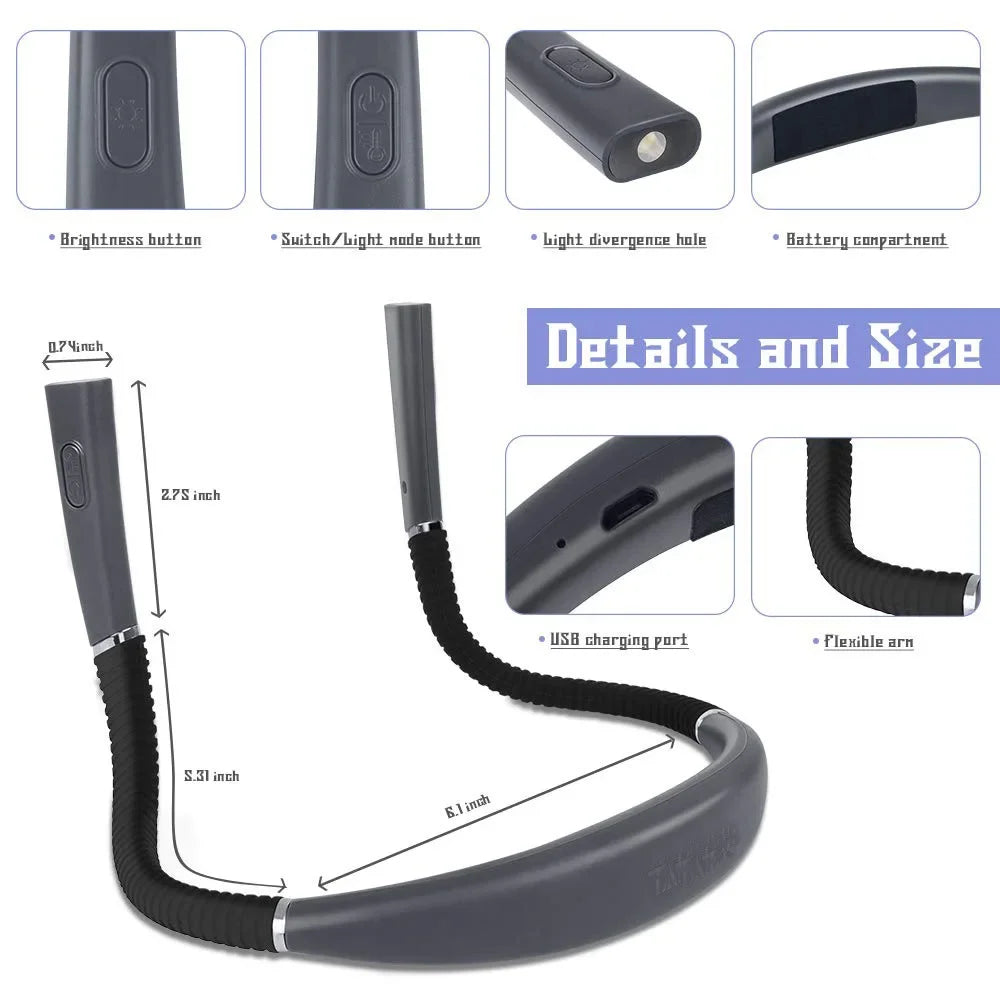 LED Neck Reading Light Flexible Book Lamp 3 Colors Brightness Adjustable Rechargeable for Reading Knitting Repairing Lighting
