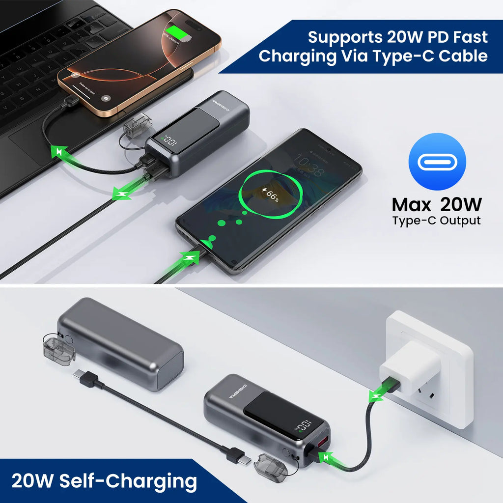 Digiera 10000Mah Power Bank with Built-In Charging Cable Lanyard, 20W PD Fast Charging,Dual-Direction USB-C Cable, LED Battery Display, Compact & Travel-Friendly