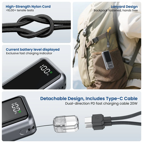 Digiera 10000Mah Power Bank with Built-In Charging Cable Lanyard, 20W PD Fast Charging,Dual-Direction USB-C Cable, LED Battery Display, Compact & Travel-Friendly