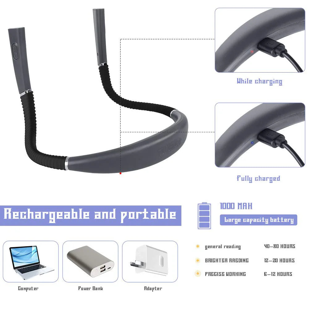 LED Neck Reading Light Flexible Book Lamp 3 Colors Brightness Adjustable Rechargeable for Reading Knitting Repairing Lighting